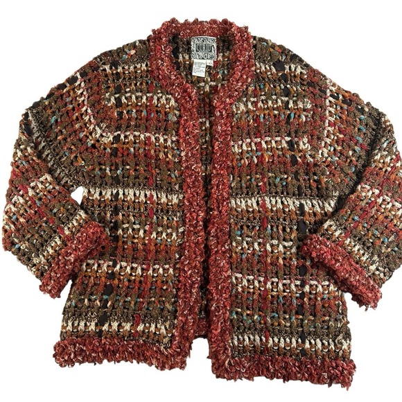 Curio Chunky Tweed Cardigan Sweater Large Rust Loopy Trim Artsy Corpcore Boho - Picture 1 of 8
